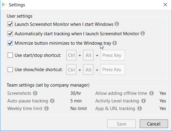 Track My Hours settings